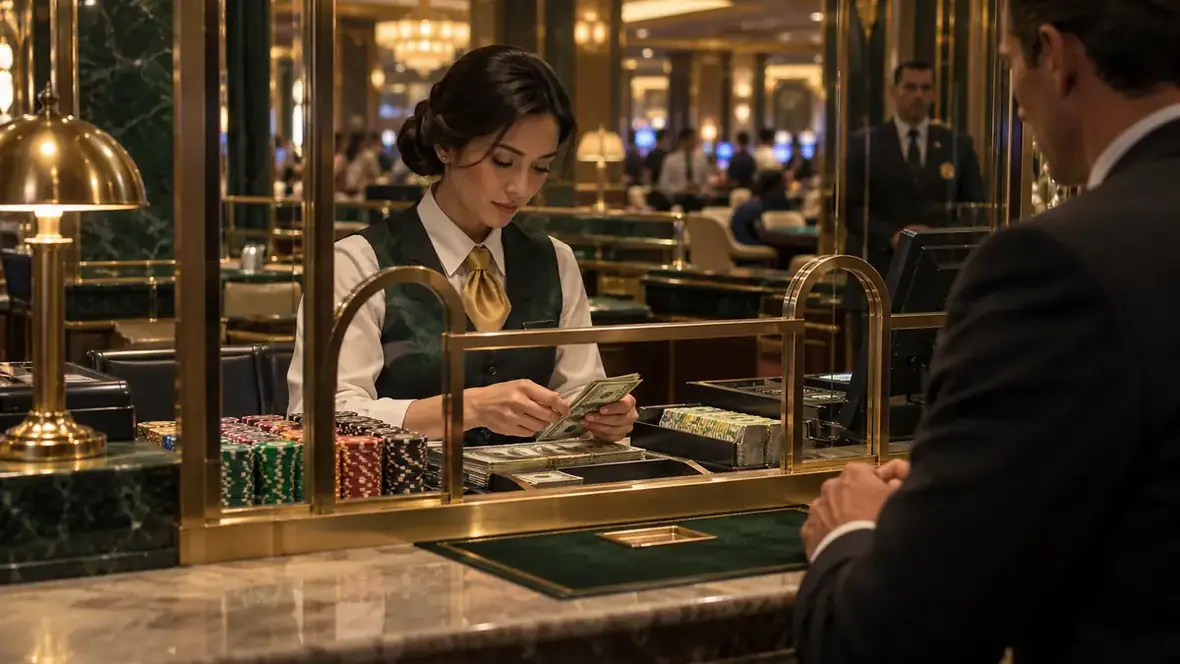 Casino cashier reviewing cash and chips behind a payment counter