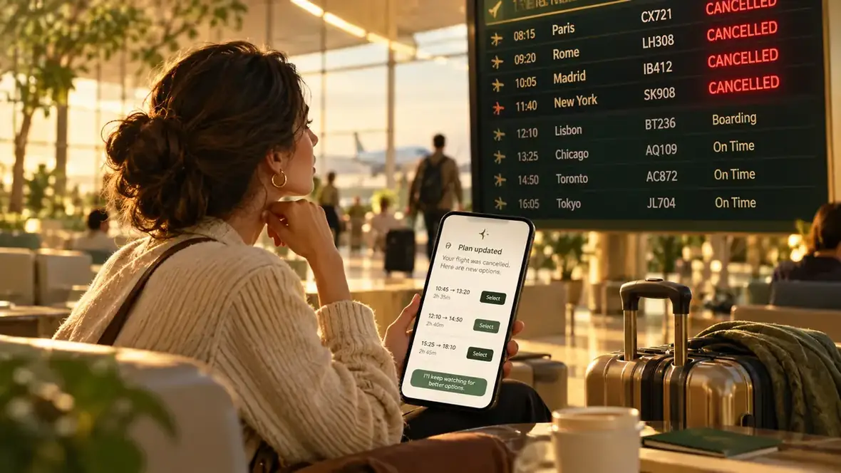 A traveler reviewing a cancelled flight