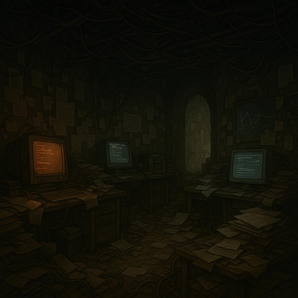A dim, cluttered office of old computers, paper and tangled cables, representing the work before the system existed
