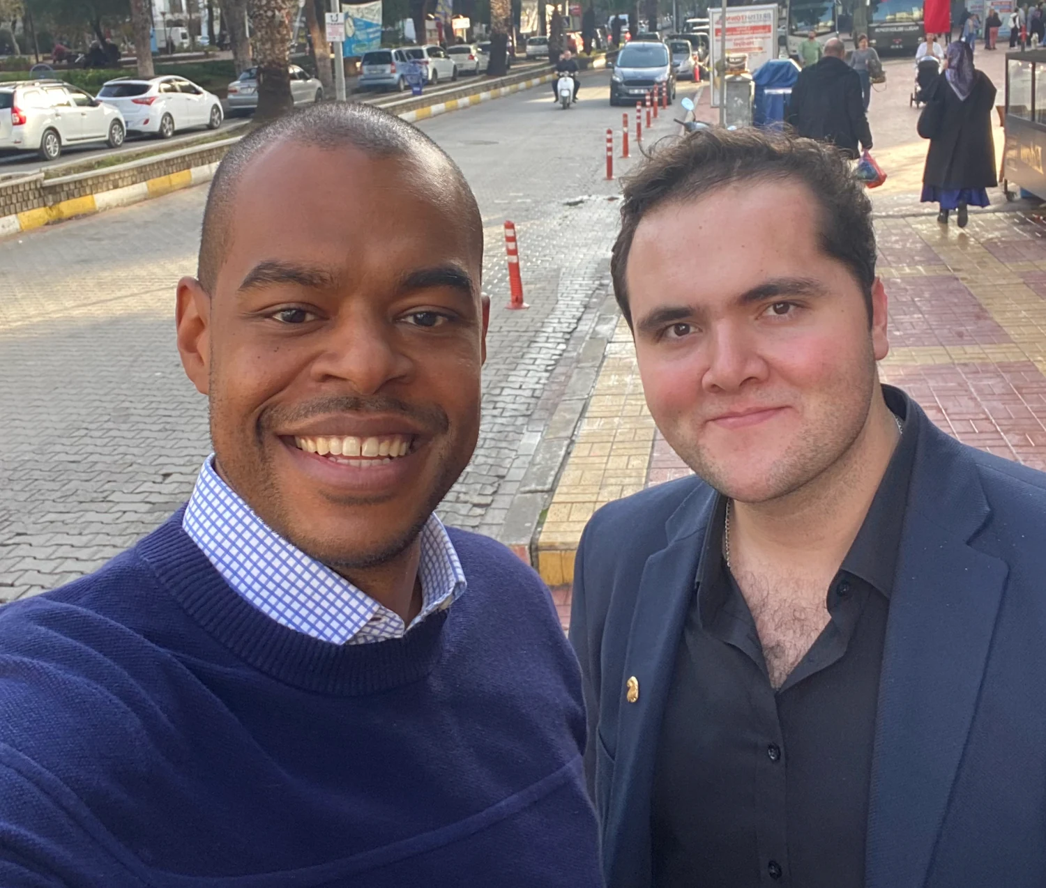 Freddie and Osman together outdoors