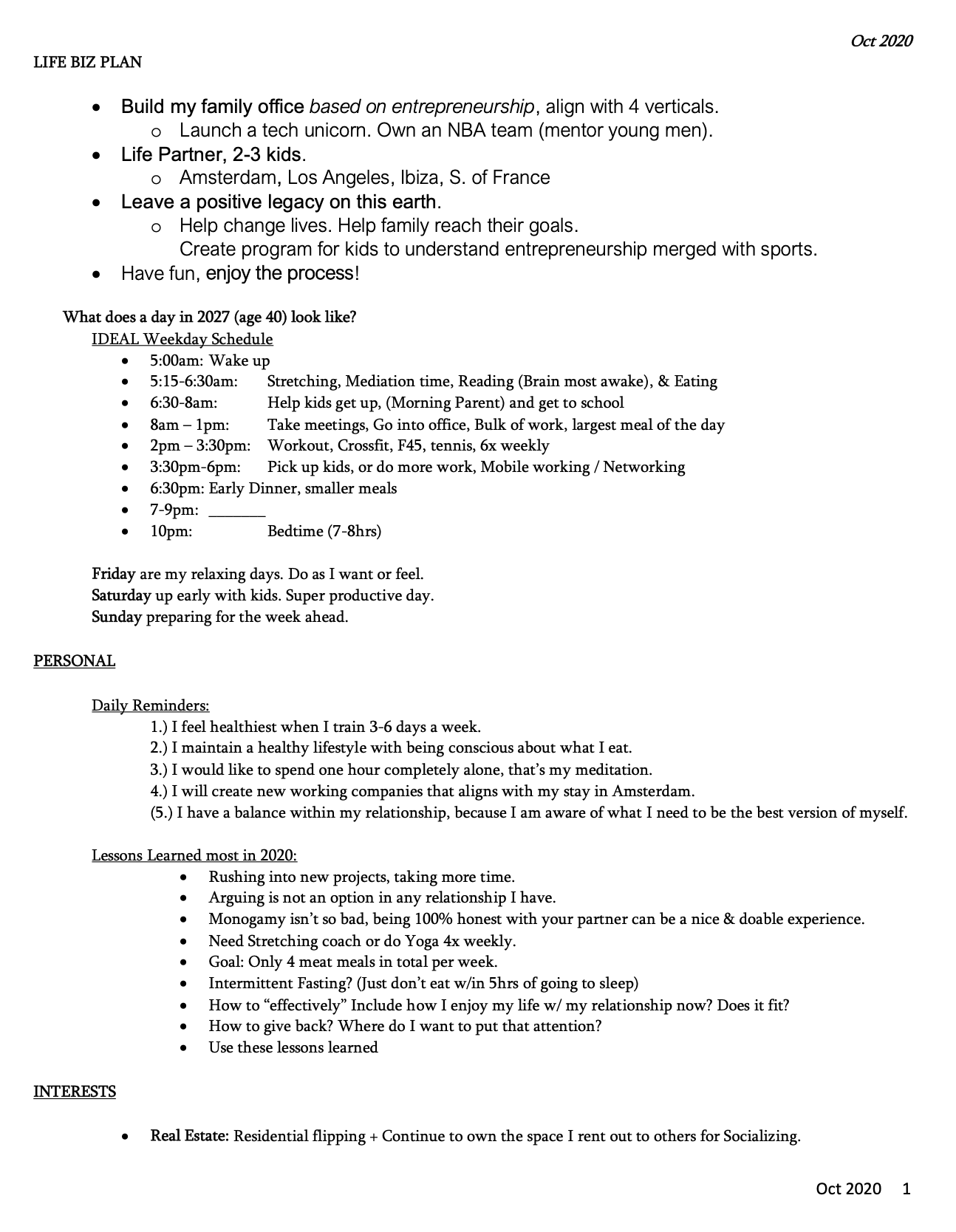 The original October 2020 life business plan